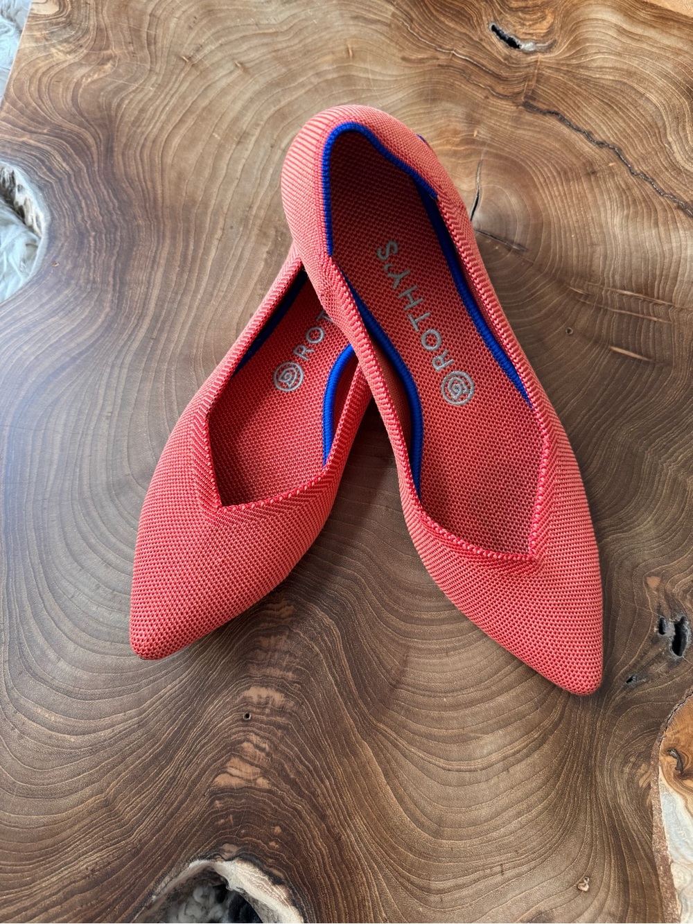 Rothy's Rare Retired Persimmon Pointed Knit Flats with Blue Lining